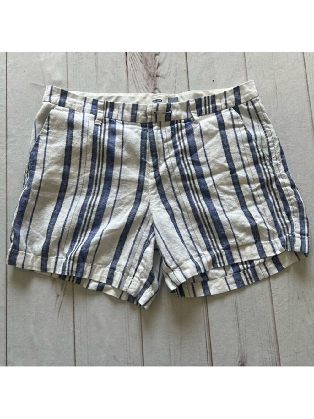 Old Navy Blue Striped Linen Rayon Chino Short Women's Size 6 s Preppy Beachwear